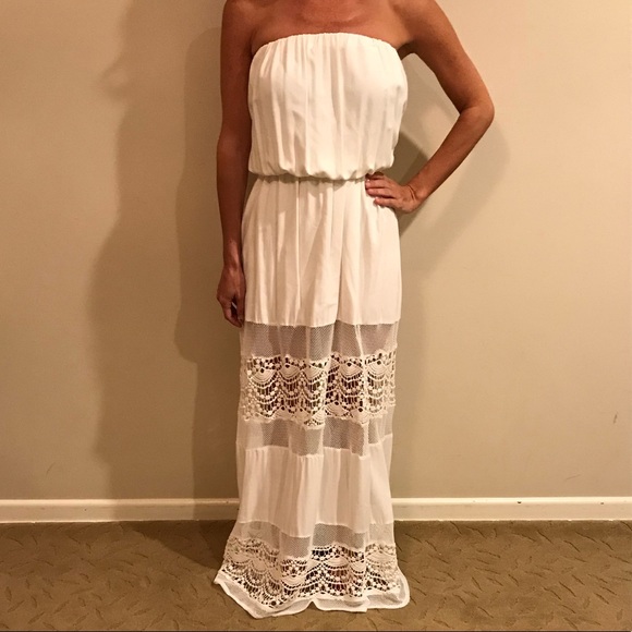 Jarlo Dresses & Skirts - Jarlo Strapless Maxi Dress with Mesh & Lace Detail